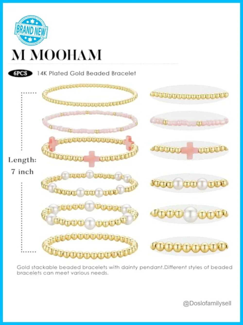 14K Gold Plated Stretch Beaded Bracelet Set - Cross Charm Elastic Pearl